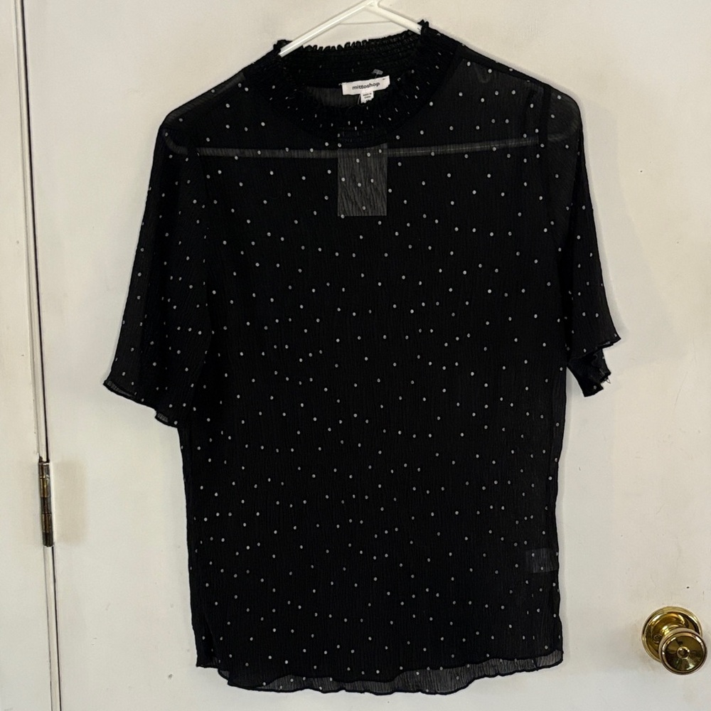 Mittoshop black grey polka dot mock neck short sleeve blouse Size Medium